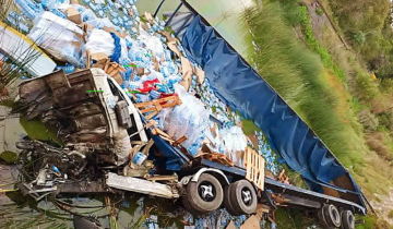 Imagen de Ruta 2: un camión cayó desde un puente a un zanjón con agua y el chofer salió ileso